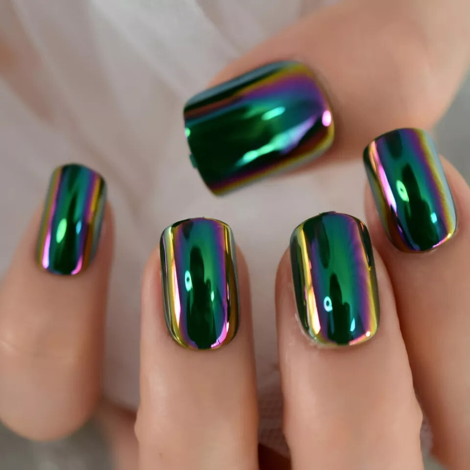 24 Short Press on nails kit w glue green chameleon chrome