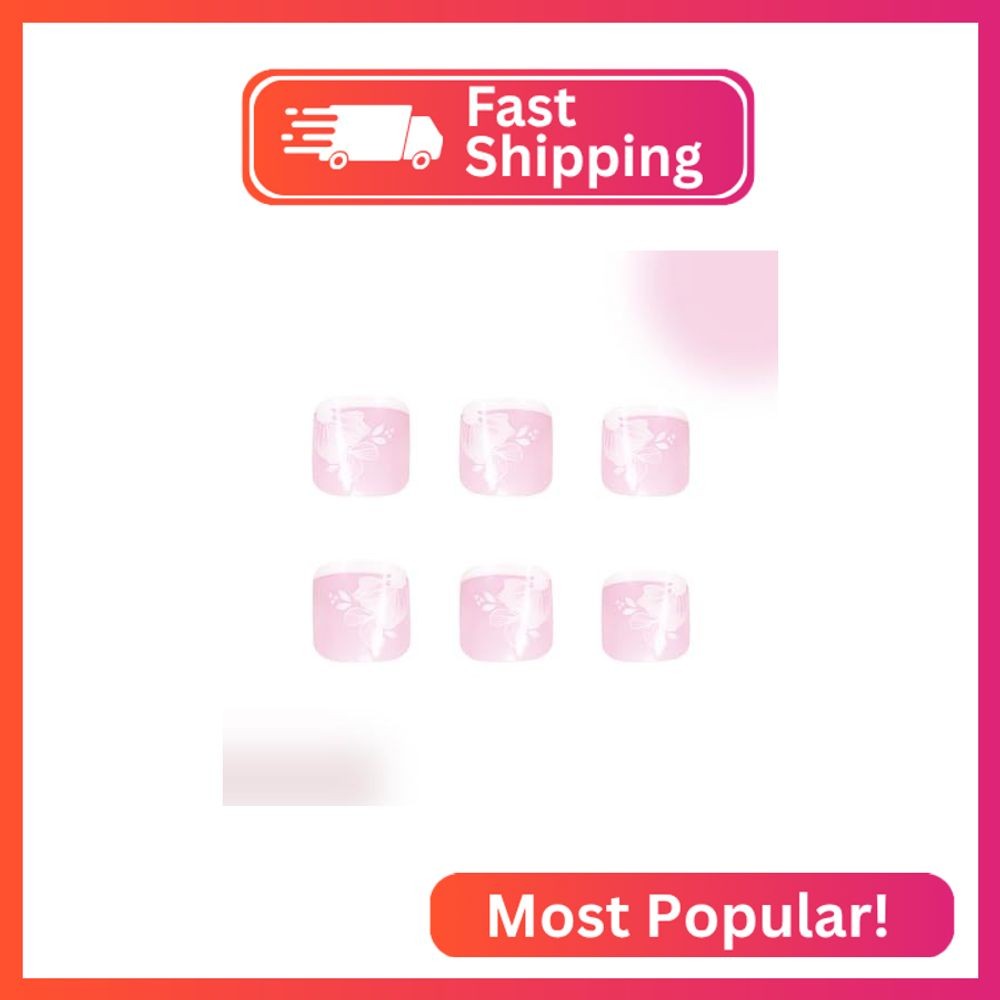 24Pcs Summer Press on Toenails French Tip Fake Toe Nails with White Flower Desig