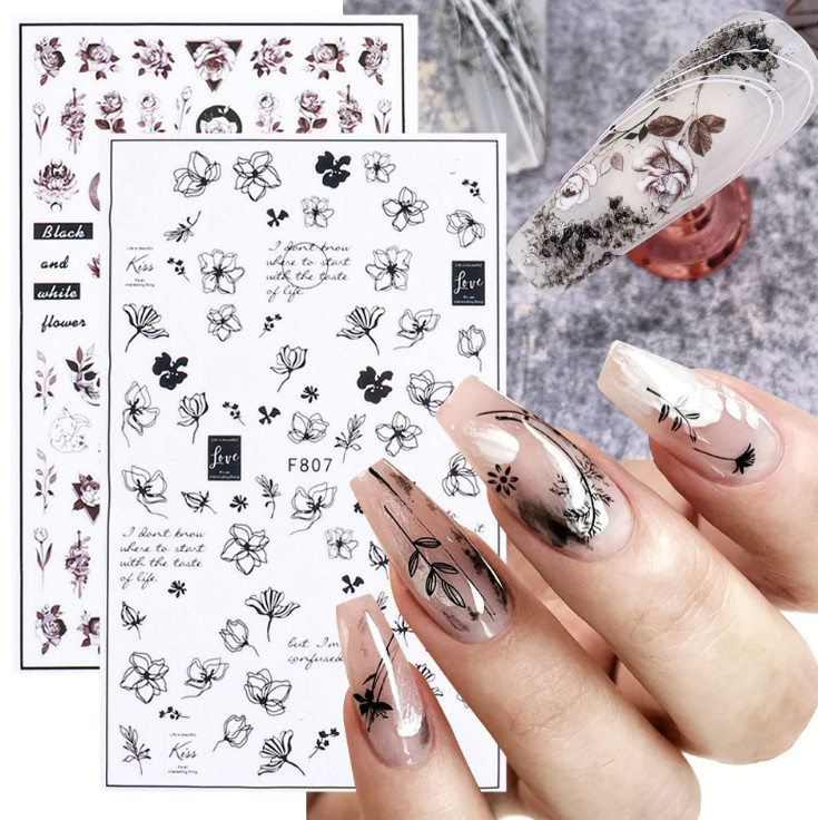 Nail Art Decoration Black White Flower Nail Decals Self Adhesive stickers NS3