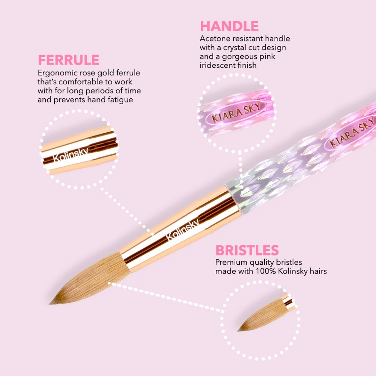 Kiara Sky Acrylic Nail Brush 100% Kolinsky #12 – Pink Handle
