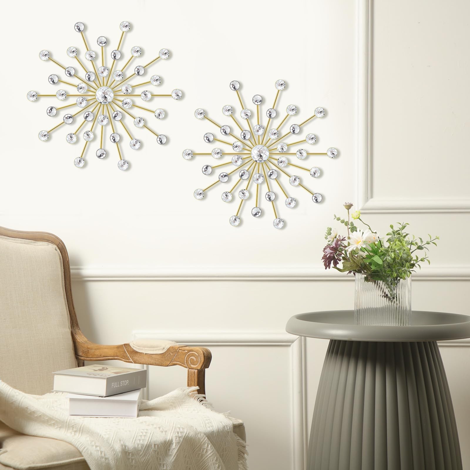 Barydat 6 Pcs Metal Starburst Wall Decor Bling Crystal Wall Art Rhinestone Su…