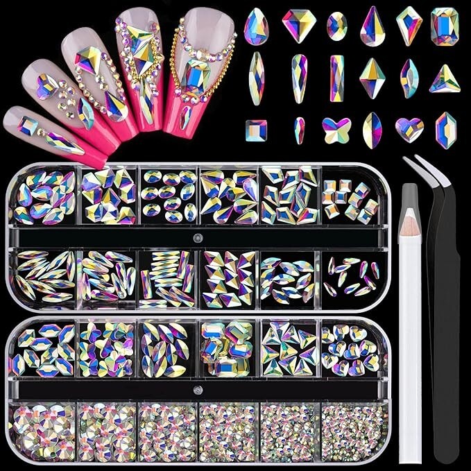 18 Styles Multi-Shaped Glass Gemstones for Nails and 6 Sizes Round Crystal