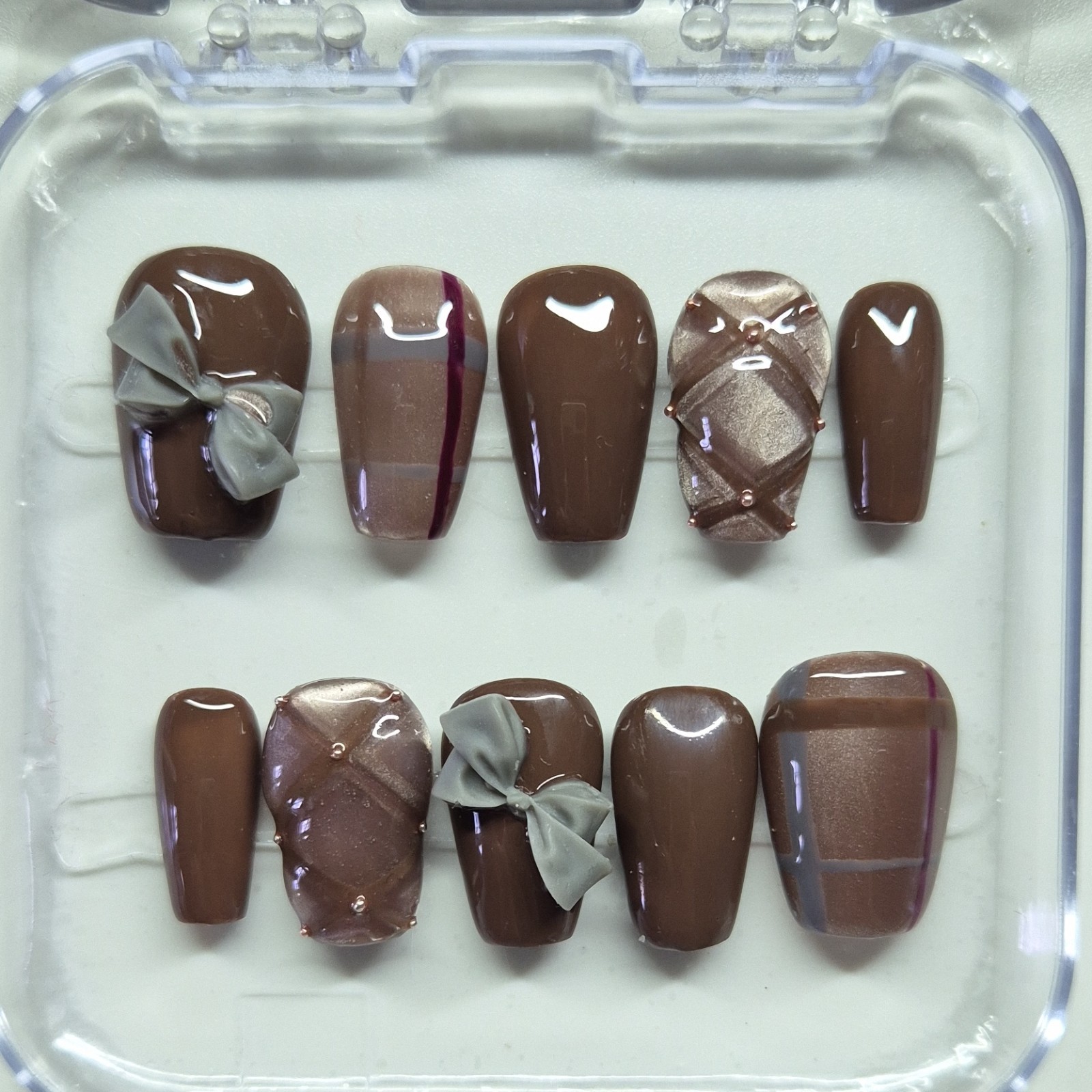 Brown Gray 3D Bow Square Oval Press-On Nails Set Pre-Designed Full Cover