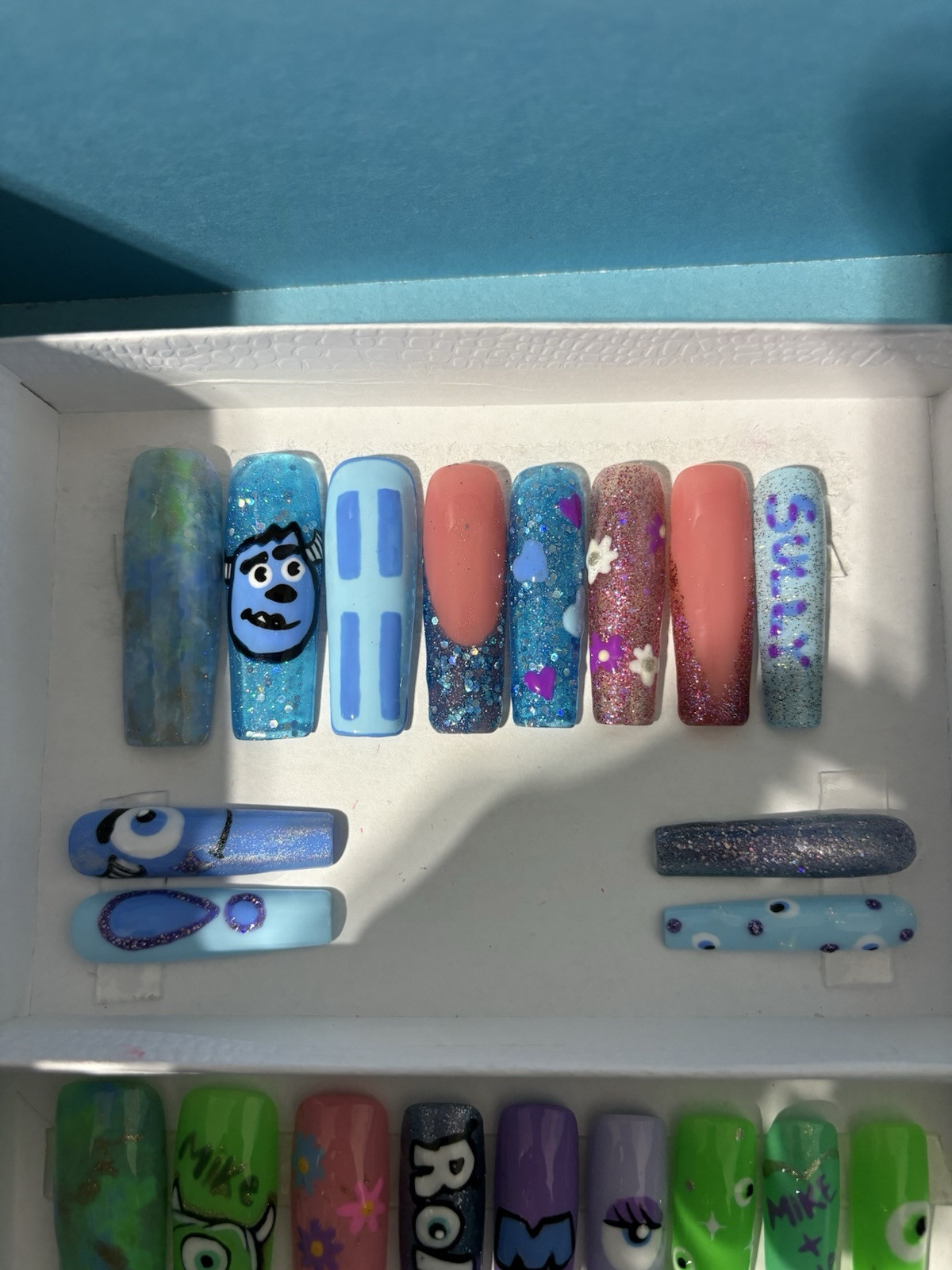 Monsters Inc Nails Press On Nails With Pink, Blue , Green & Purple Handmade