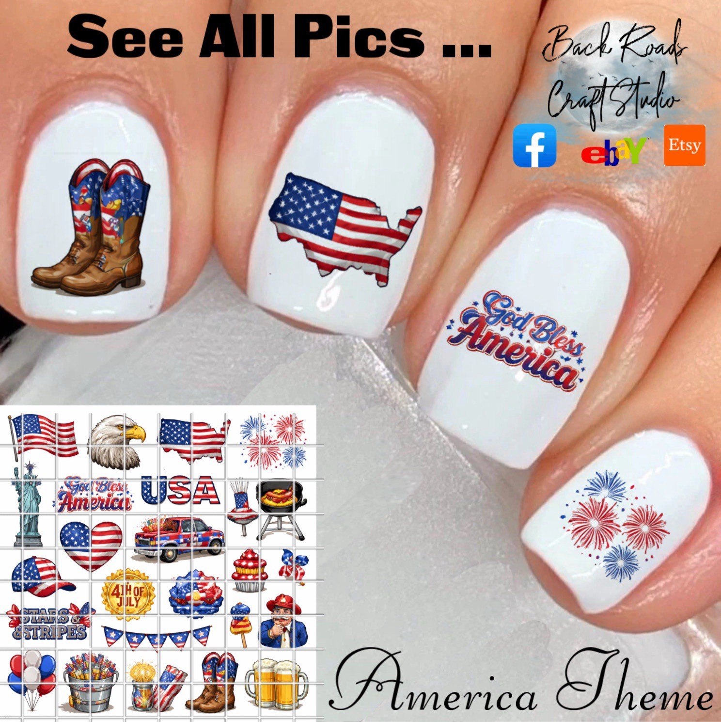 America Theme Waterslide Nail Art Decals Set Of 50 Instructions