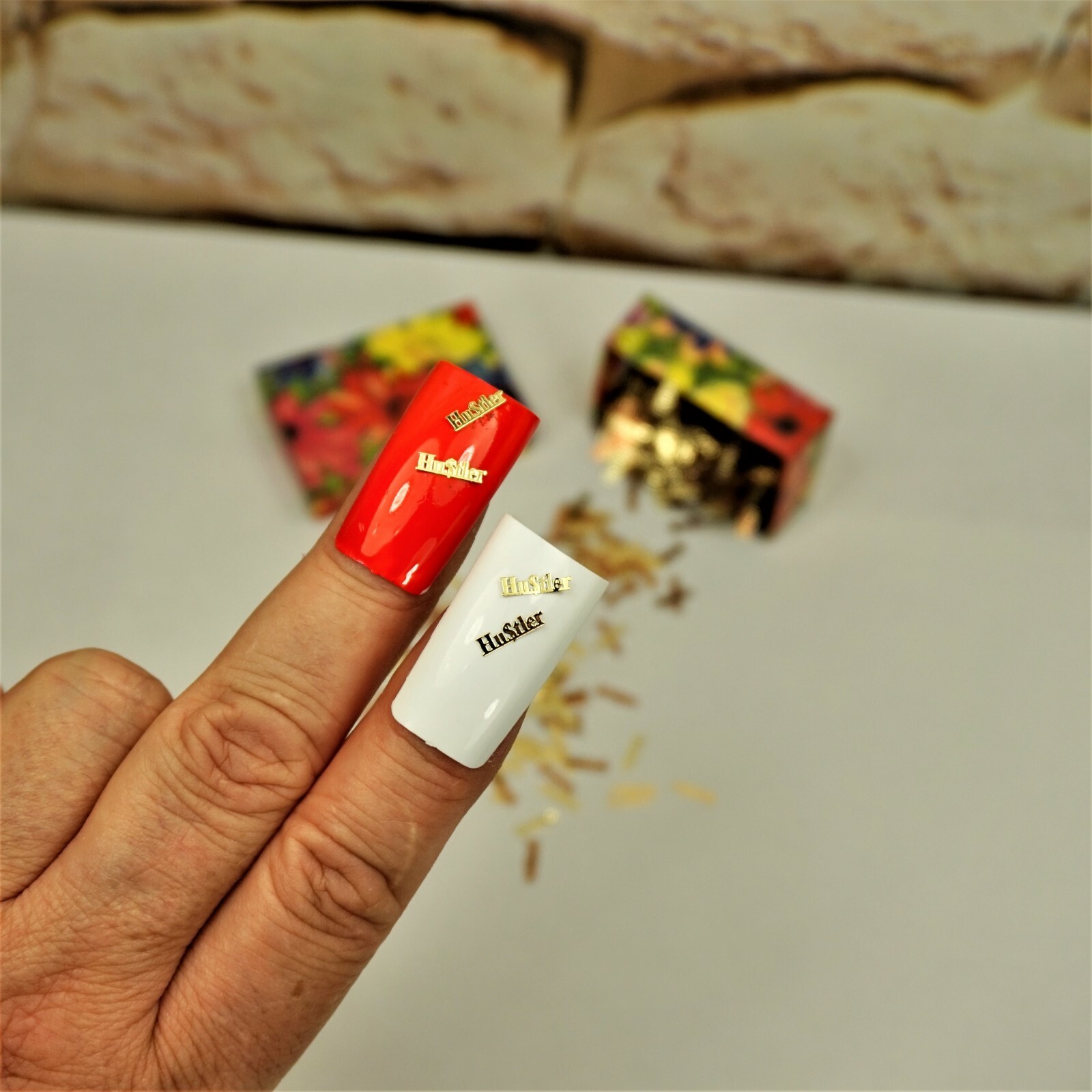 25 GOLD METAL “HUSTLER” NAIL CHARMS NAIL DECALS SMALL GIFT IN BOX FOR WOMEN