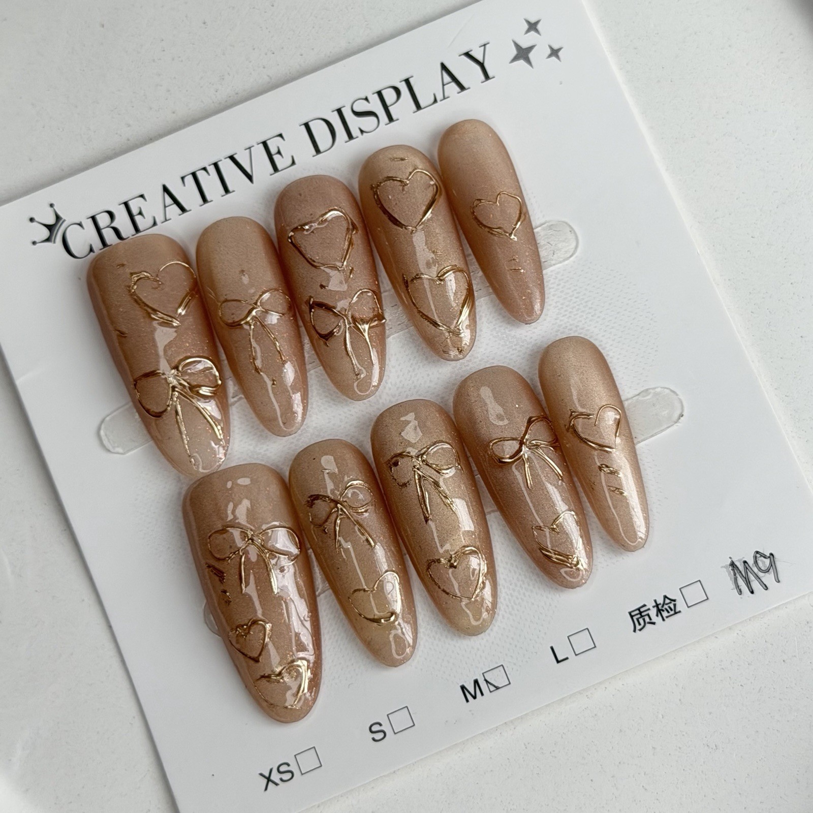 Handmade Bow And Heart Love Press-On Nails Long Oval Size M Reusable Fake Nail