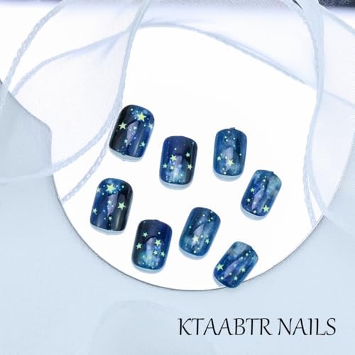 Starry Sky Press on Nails – Short Square Dark Blue Fake Nails with Stars A01