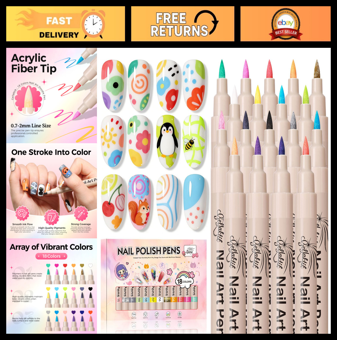 18 Colors Nail Art Pens Set – Quick-Drying Acrylic Paint Markers for DIY Nail De