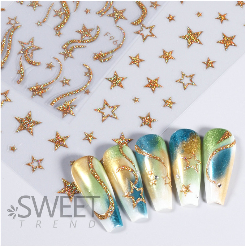 Gold Glitter Nail Stickers Heart Star Butterfly French Line Transfer Decals NS52