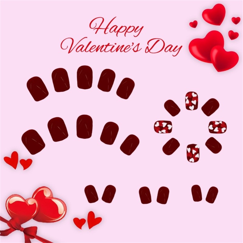 24x Heart on Nail Short Round False Nail Valentines Day Press On Nail