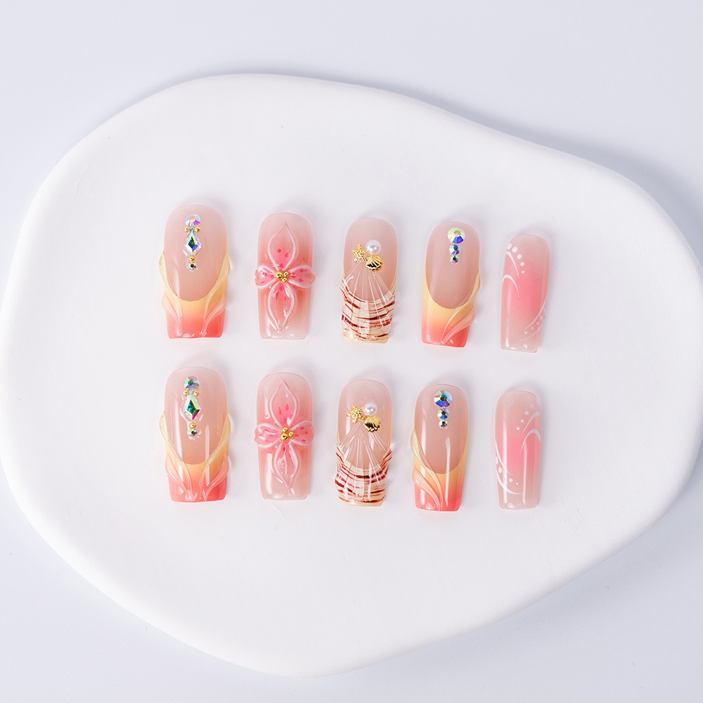 10pcs Peach Gradient Square Nails 3D Flower Gems Tropical Summer Style