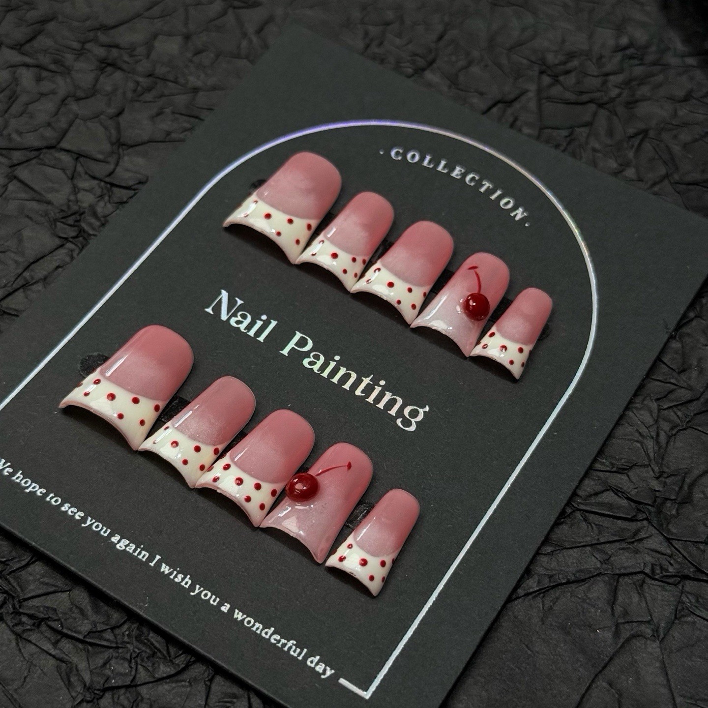 LumeE01, Cherry French Tip Duckbill Press On Nails, Gradient, Ombre, Handmade