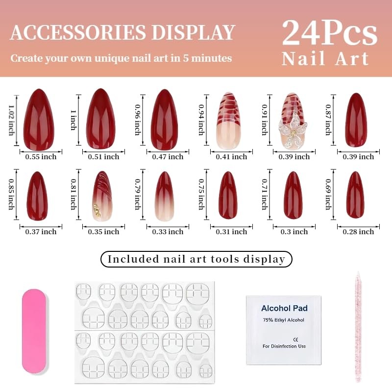 24Pcs Flower Press on Nails Medium Almond Fake Nails with Burgundy French Style