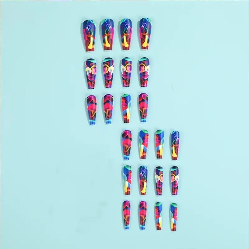 Fake Nails 24 Trippy Bright Swirls Press On Style Kit Flame Sexy Colorful Smudge