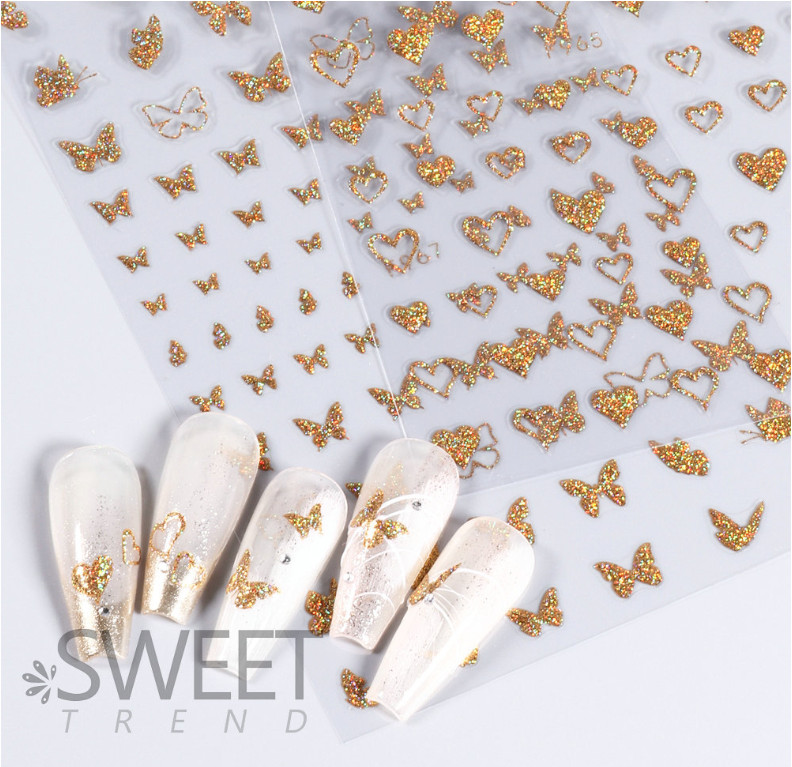 Gold Glitter Nail Stickers Heart Star Butterfly French Line Transfer Decals NS52
