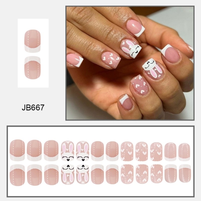 24 Pieces Short Square Press On Nail with Rabbit Designs Acrylic on Nail
