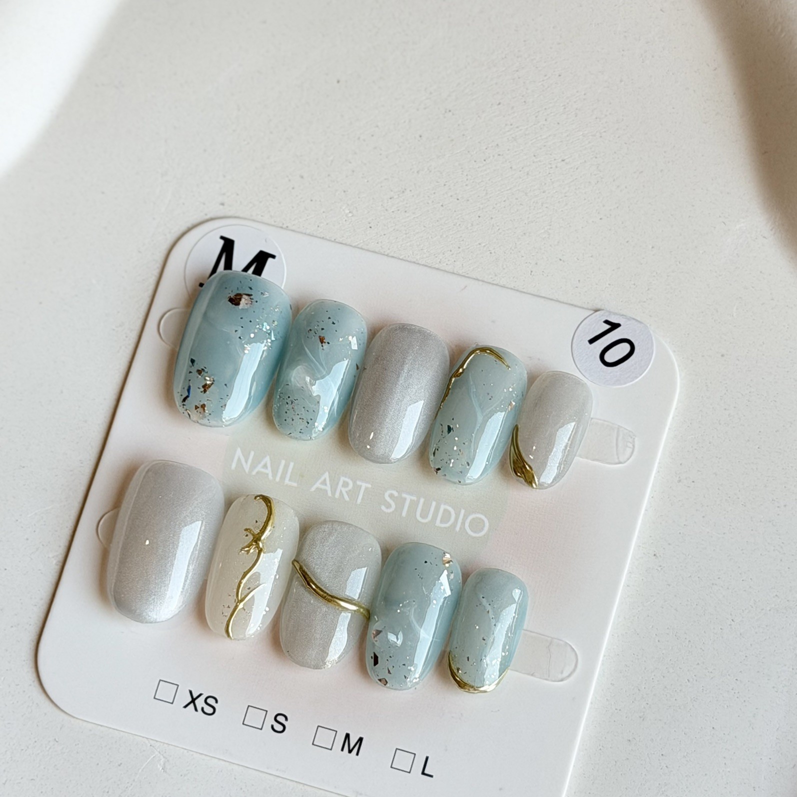 Handmade Light Blue Press-On Nails Size M Short Oval Reusable Fake Nail