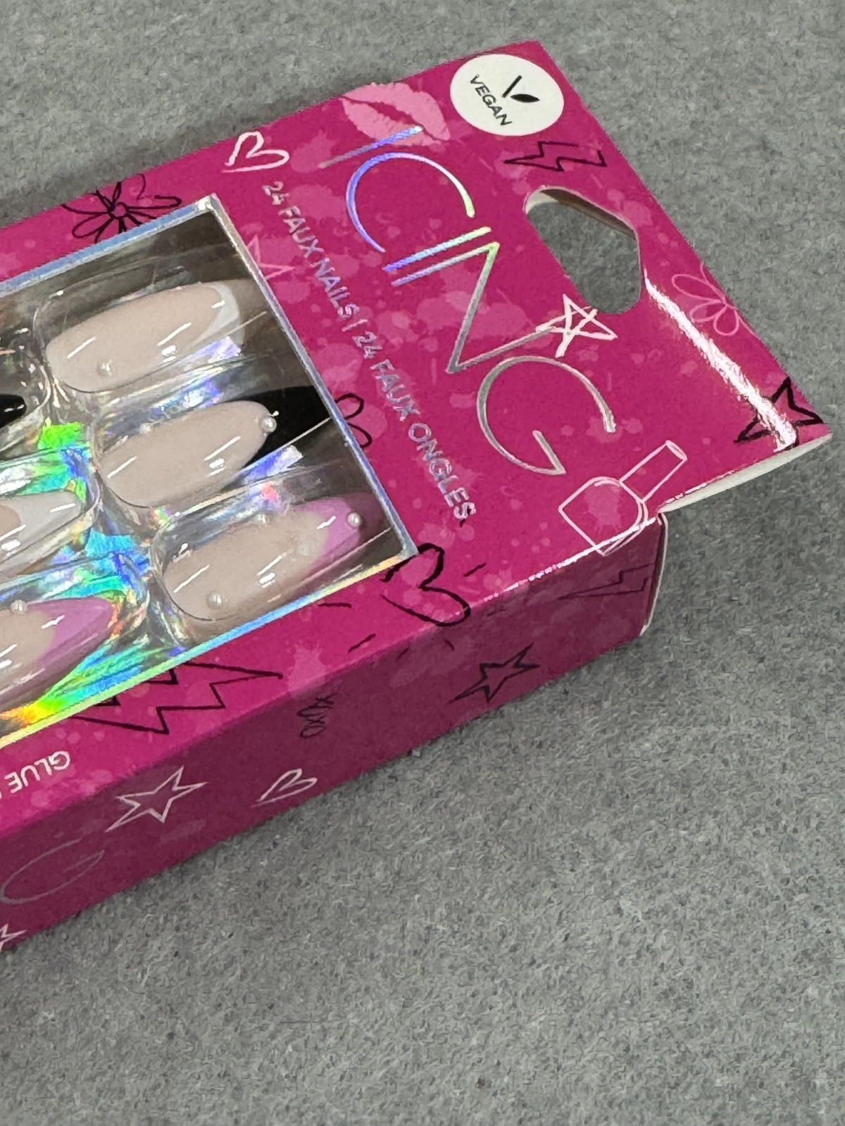 Icing Vegan Faux Nails 24 Pack Almond Stiletto Nude Black Tips Glue Included NEW