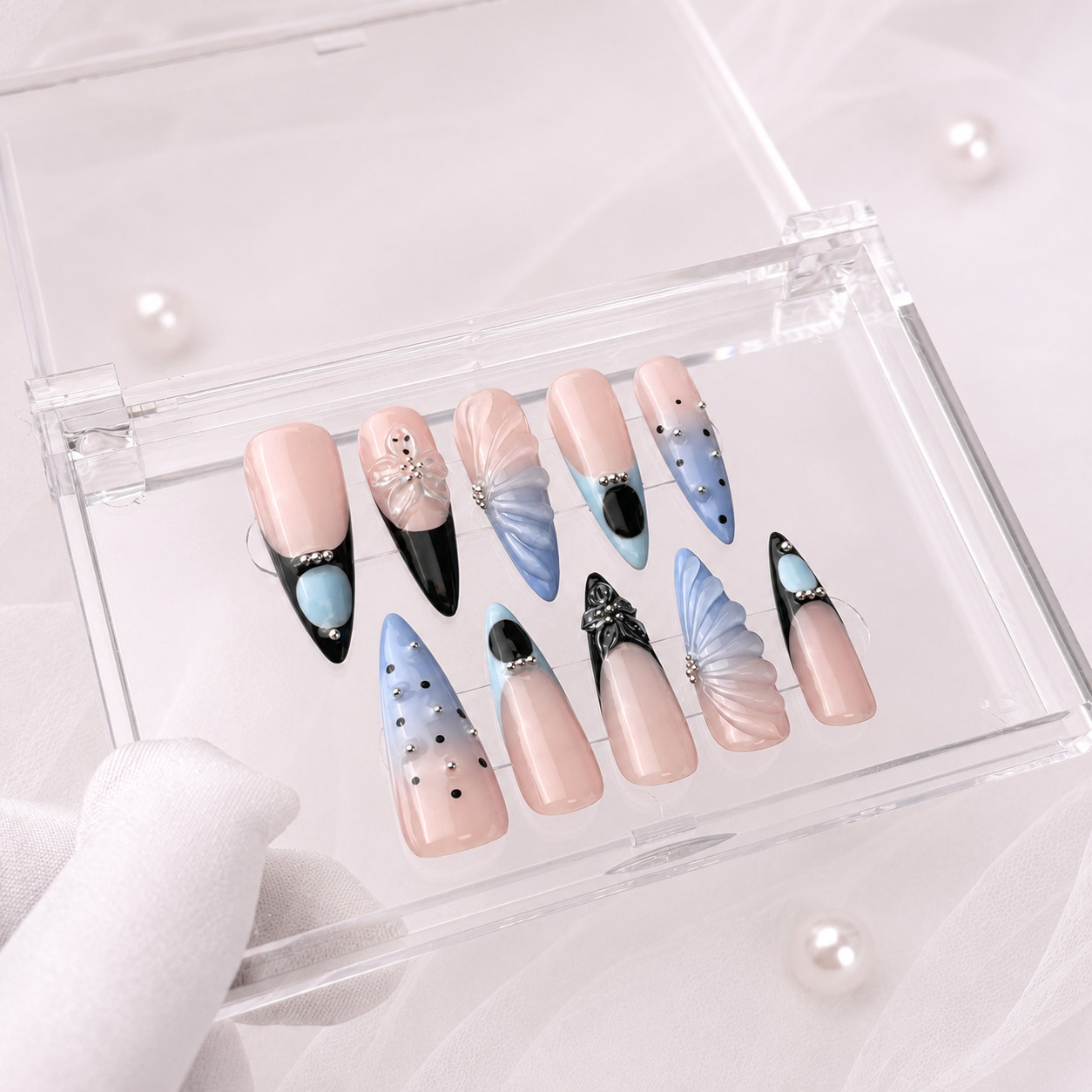 Long Stiletto Press On Nails Blue Black French Tip Butterfly Rhinestone Nail Set