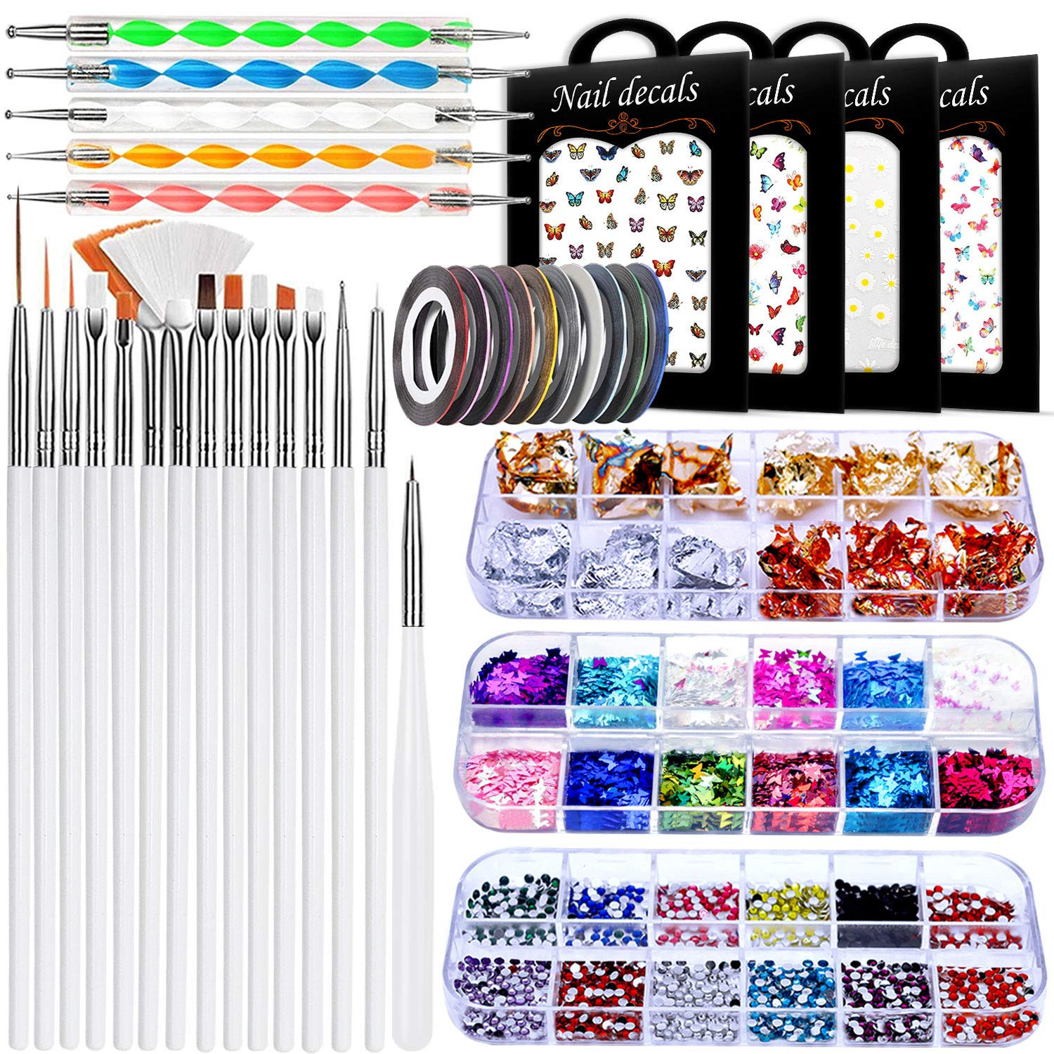 Nail Art Brushes Kit, 3D Decorations Kit with Dotting White