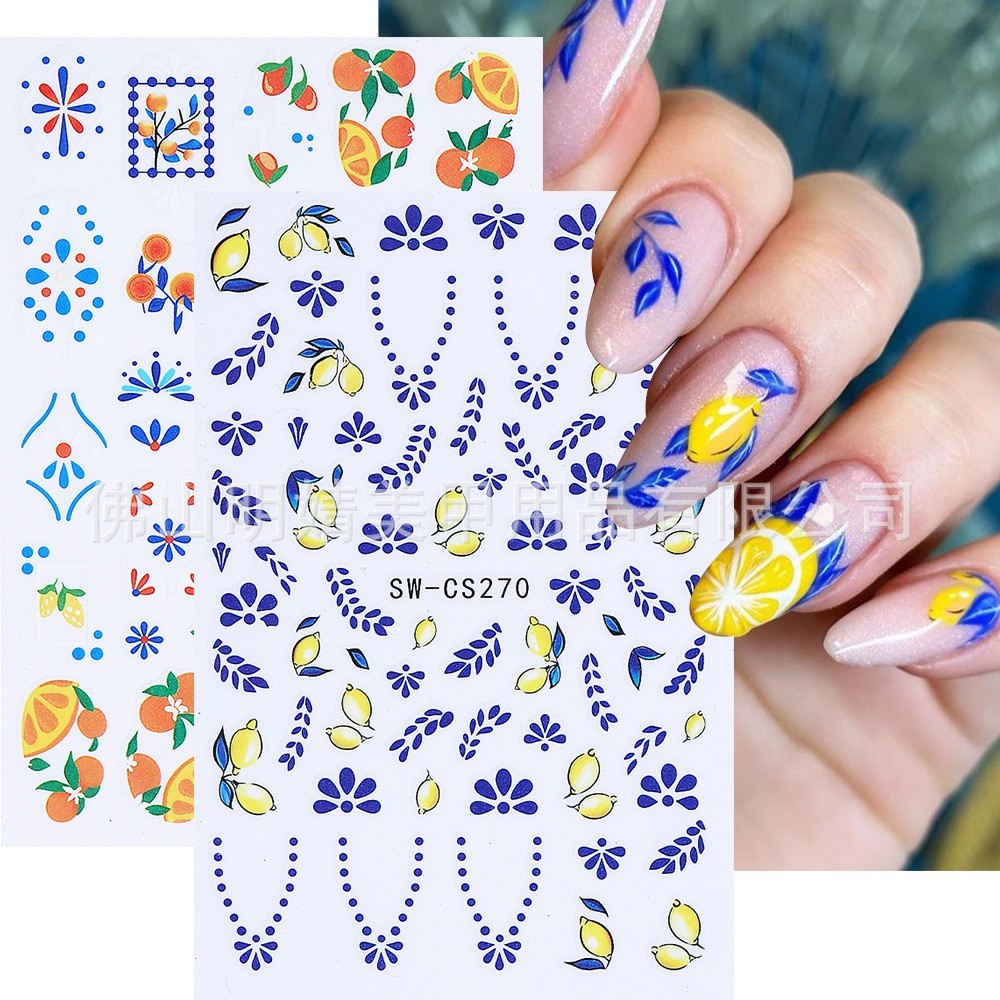 2Pcs Nail Art Stickers Decals Bohemian Fruit Yellow Flower Orange Manicure NH30