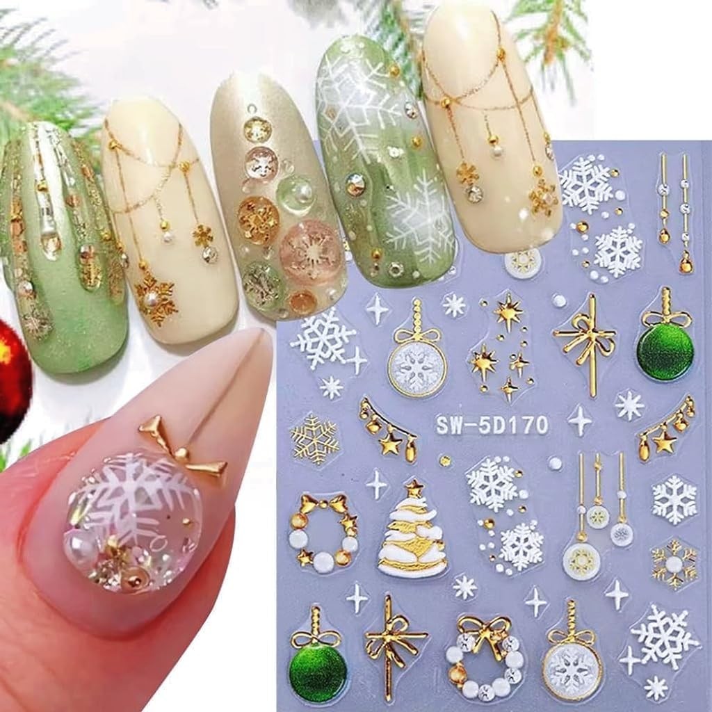 Christmas Nail Stickers, 5D Embossed Gold Snowflake Nail Decals Snowflake Bel…