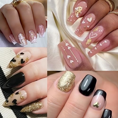6 Sheets Valentines Heart Nail Art Stickers Black Gold Heart-Shaped 3D heart