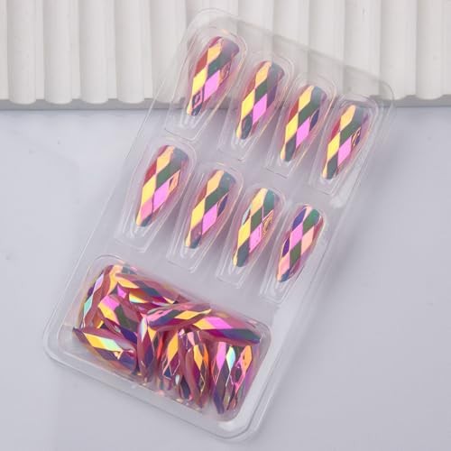 Press on Nails Medium Almond Fake Nails Pink Metal Chrome False Nails Style 13