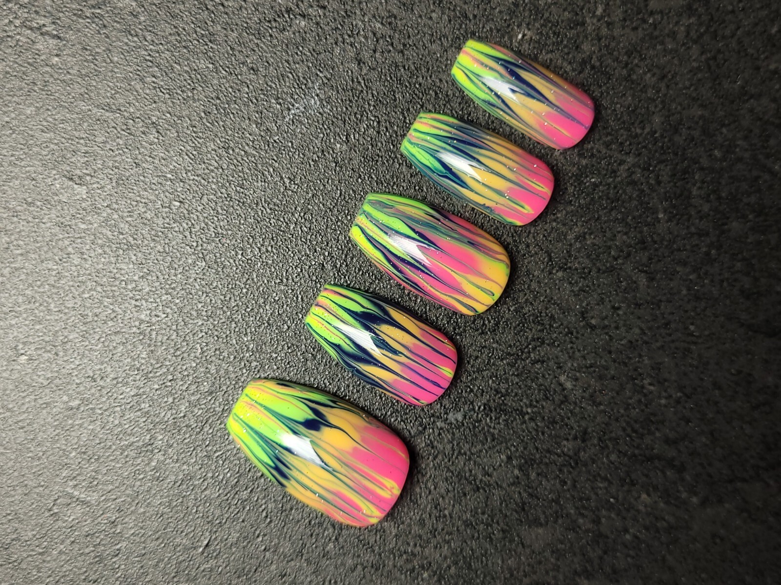 Custom Gel Press on Nails fake nails Handmade 10 pc set LARGE Neon Rainbow