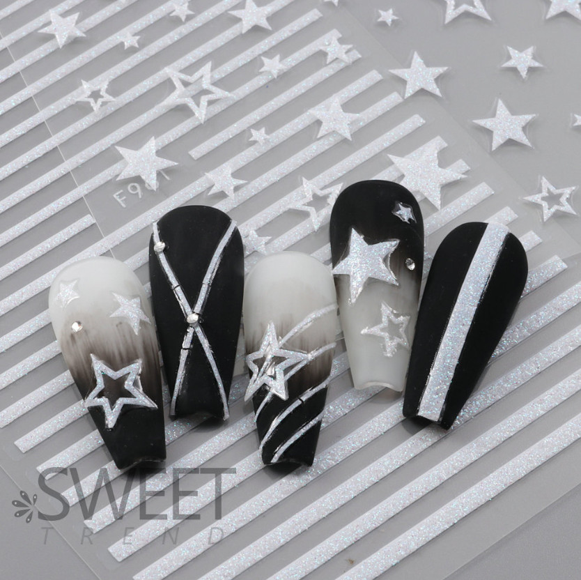 White Glitter 3D Nail Stickers Heart Star Butterfly French Transfer Decals NS52