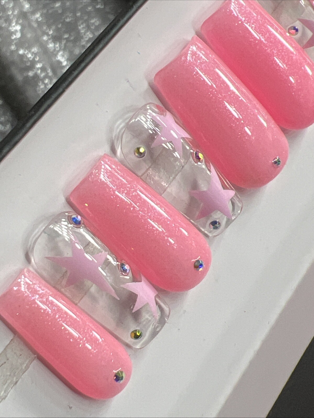 🔥 CUSTOM Gel Press On Nails, LIGHT PINK WHITE W BLING 10p FULL SET W Kit