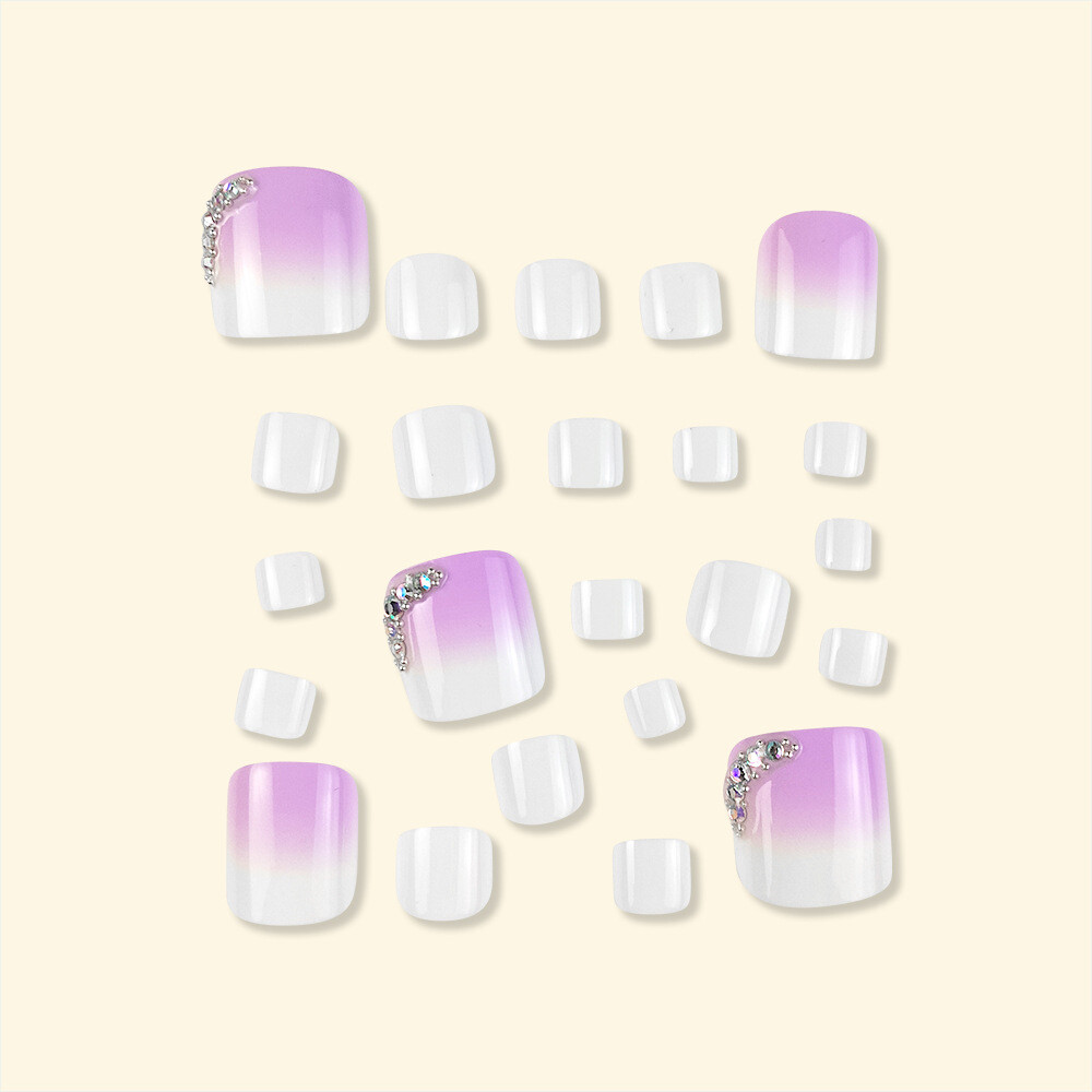 Short Toe Press-On Fake Nail Glitter Diamond Pure Color Gradient Pedciure 24pcs