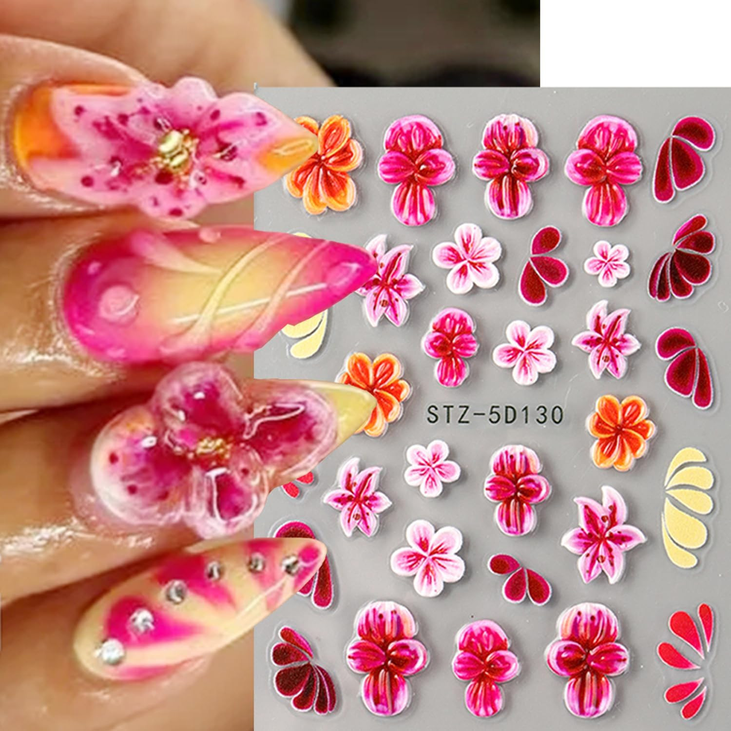 3PCS 5D Embossed Flowers Nail Stickers Colorful Floral Petals Designs Nail Art S