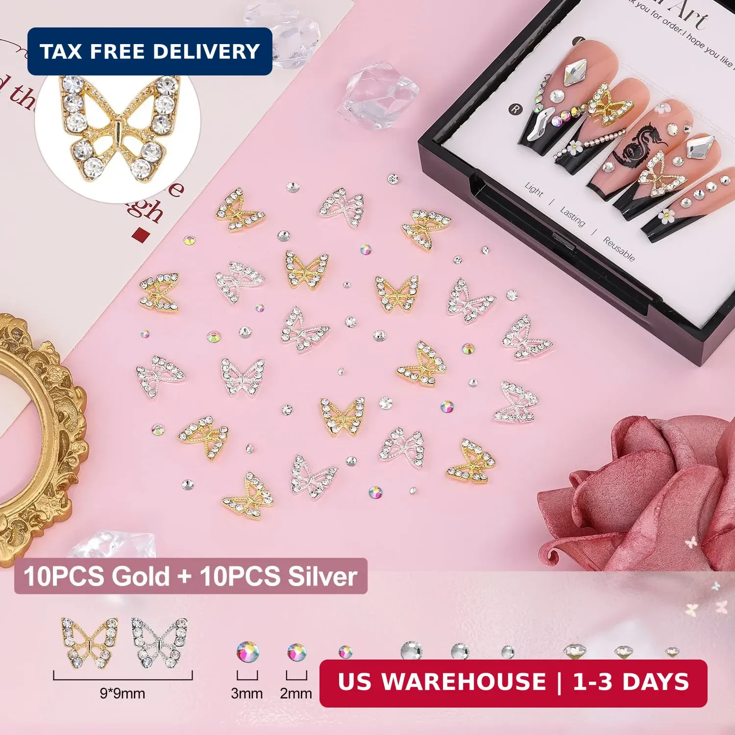 3D Nail Charms and Gems Set 9, 20PCS Chunky Butterfly Charms + 60PCS Coquette Na