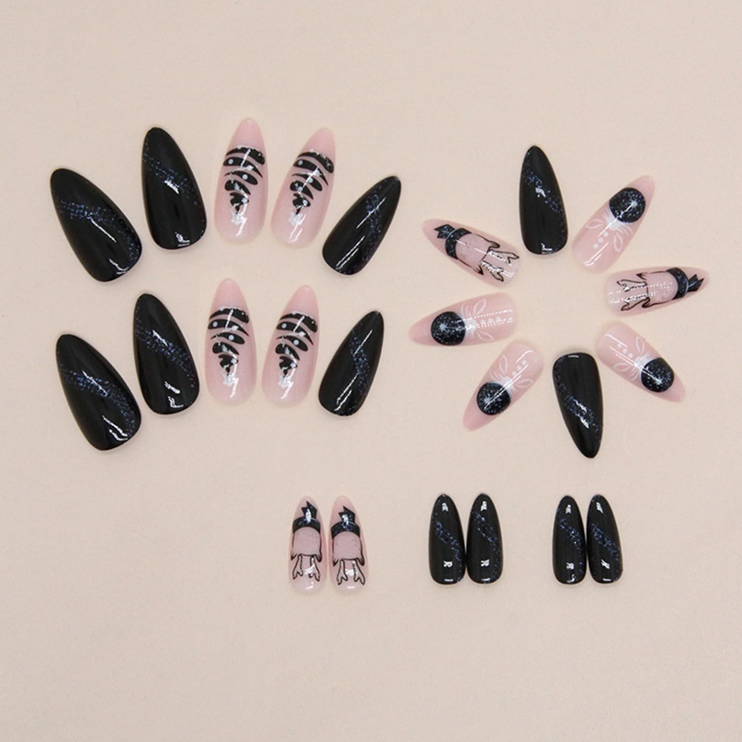 Winter Xmas Press on Nails Long Almond Fake Nail Glitter Blue Black…