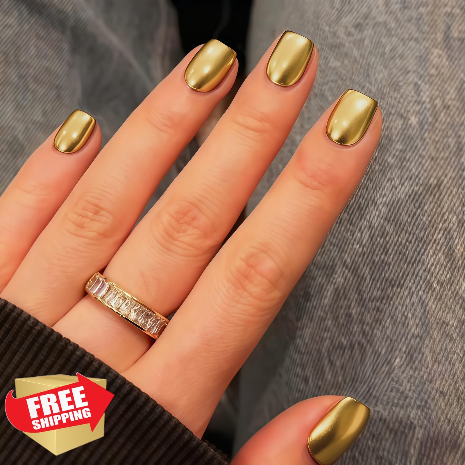 KQueenest Short Square Bronze Chrome Nails