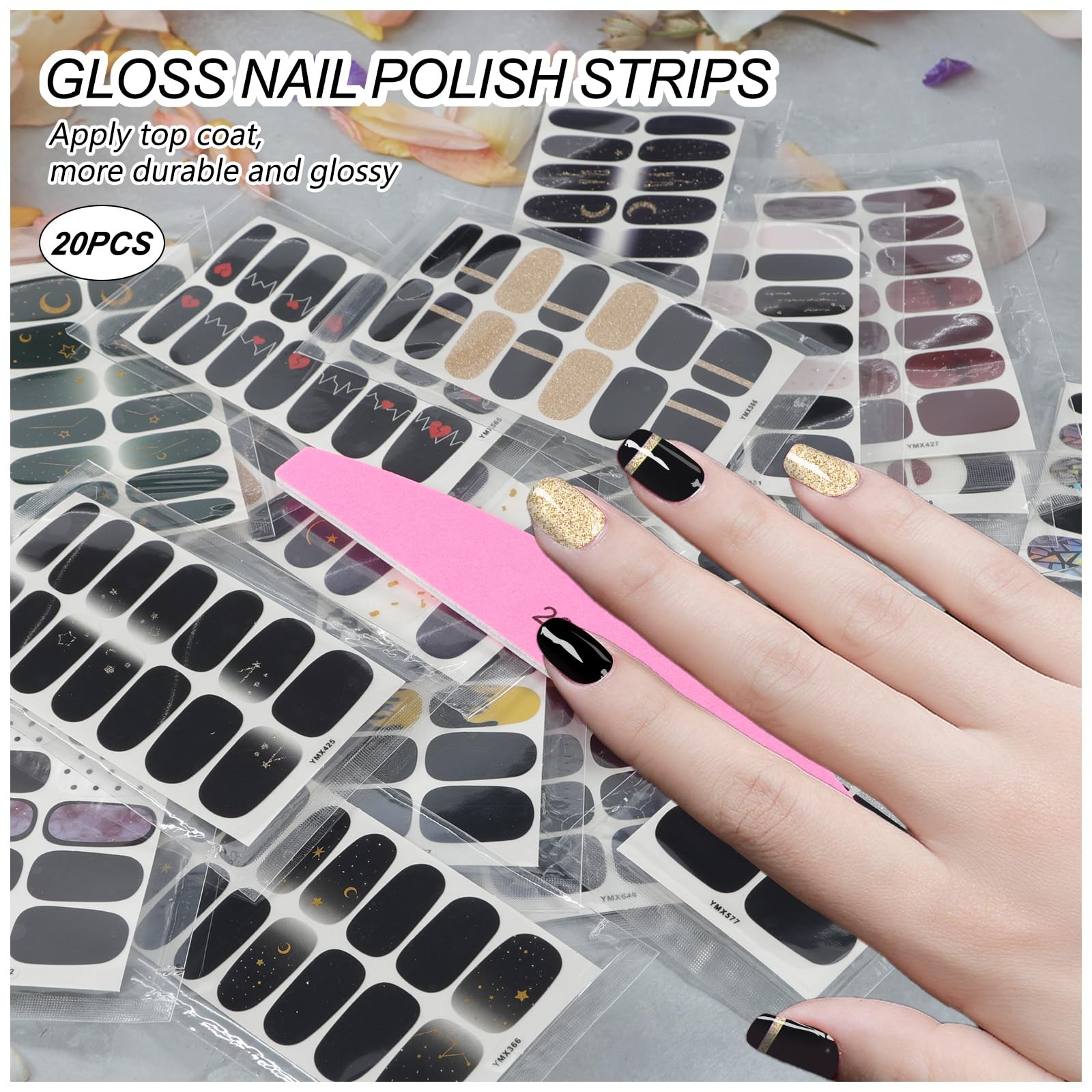 Nail Polish Strips (20 Sheets, Black Style), Nail Polish Stickers Full Nail W…