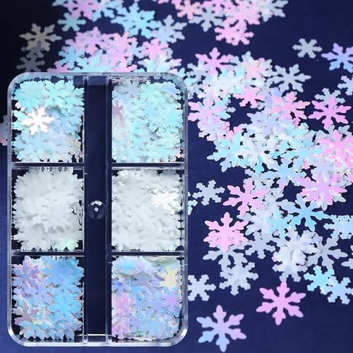 6 Grids White Snowflake Nail Art Glitter Sequins 3D Holographic Christmas Nail