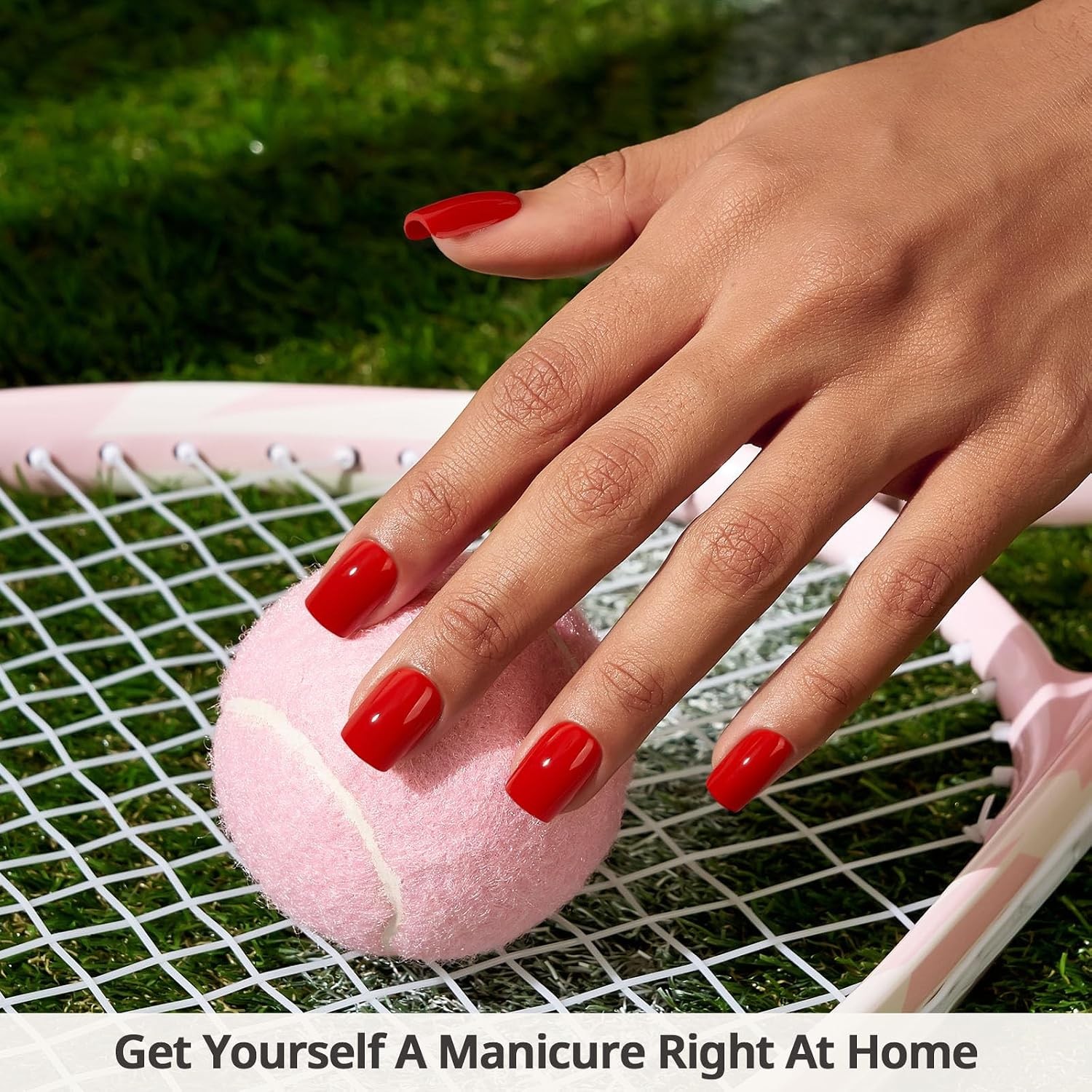 Press On Nails, Hot Lap, Short Square, Summer Red Nails, 32Ct | 2+ Weeks Wear,