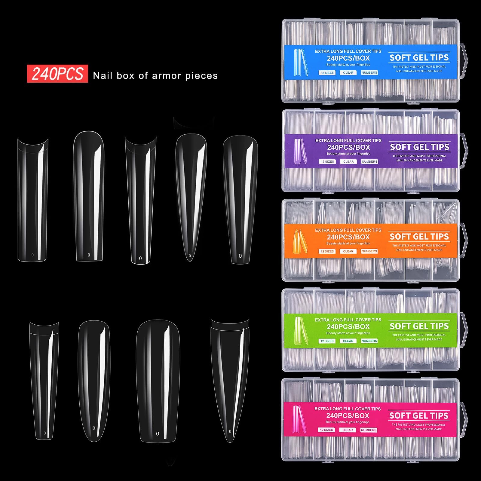 ANIS·KEBBR Clear Extra Long Acrylic False Nail Tips 12 Sizes For Salon DIY Ma…