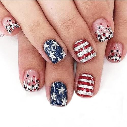 4th of July Press on Nails Short Square Independence 4th of July False Nails-24
