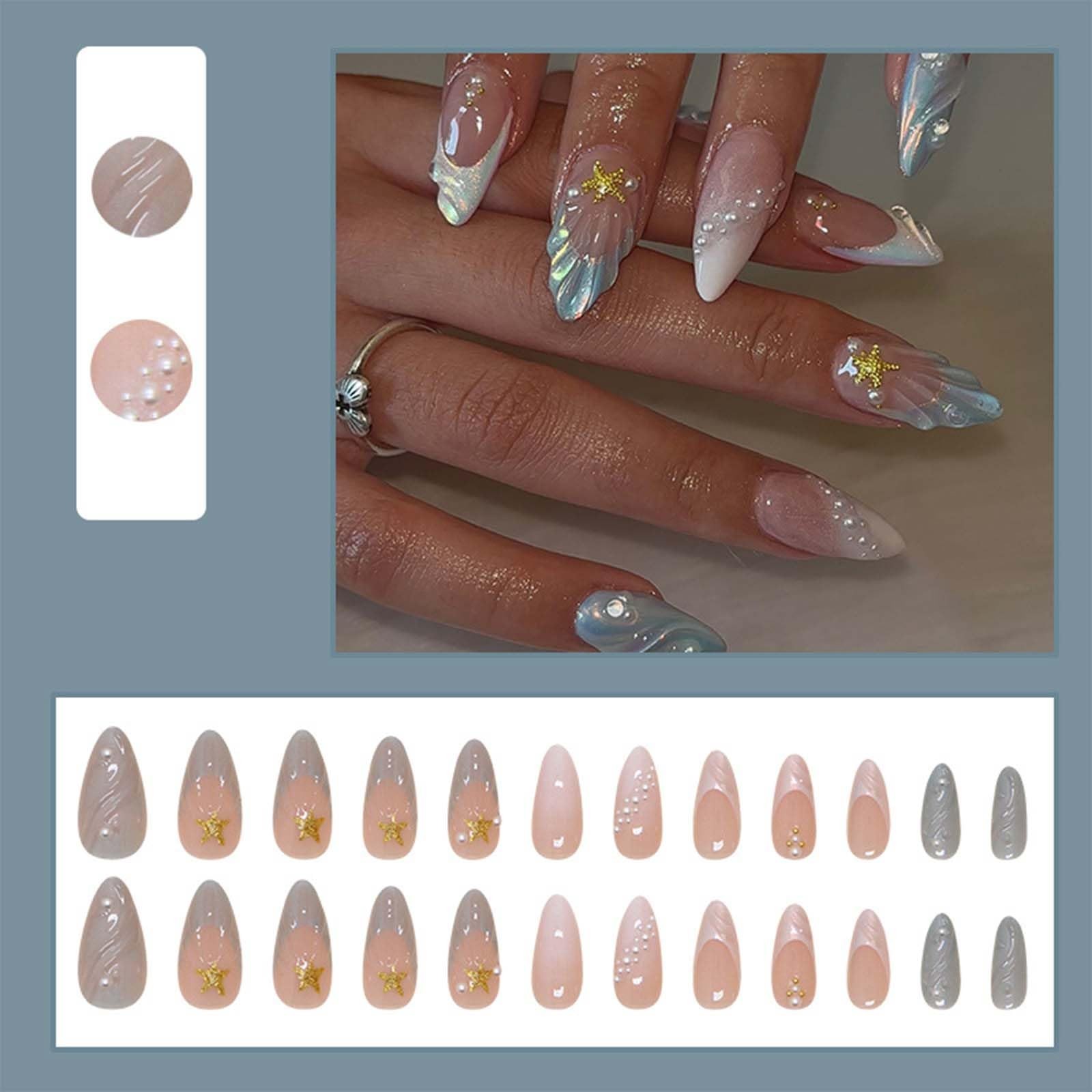 24Pcs Ocean Shell Press on Nails Medium Almond Fake Nails with 3D Star Pearl …