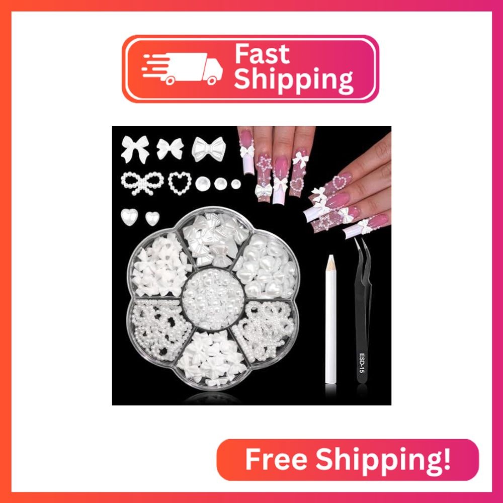 RODAKY Bow Nail Charms White Heart Charms for Nail 3D Bowknot Nail Art Stud Flat