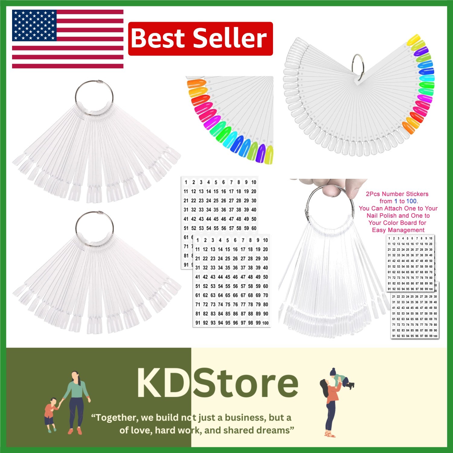 100 Pcs Transparent Fan-shaped Nail Swatch Sticks with Metal Split Ring