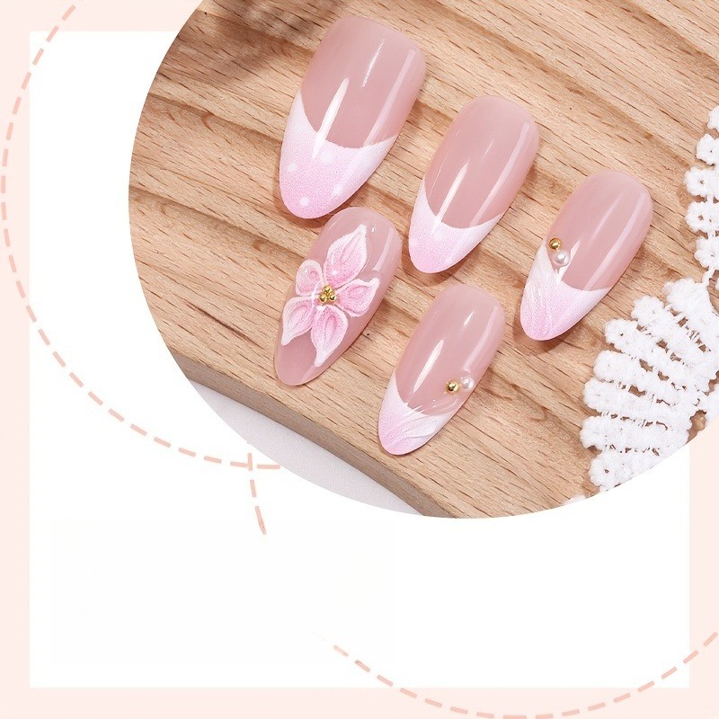 60Pcs-Nude Fake Nails Almond Handsculpt Flower Tiny Pearl Sweet Daily Decor