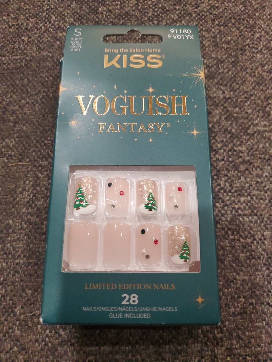 Kiss Voguish Fantasy, Glue On Nail Short Nude with Red & Green Christmas Tree