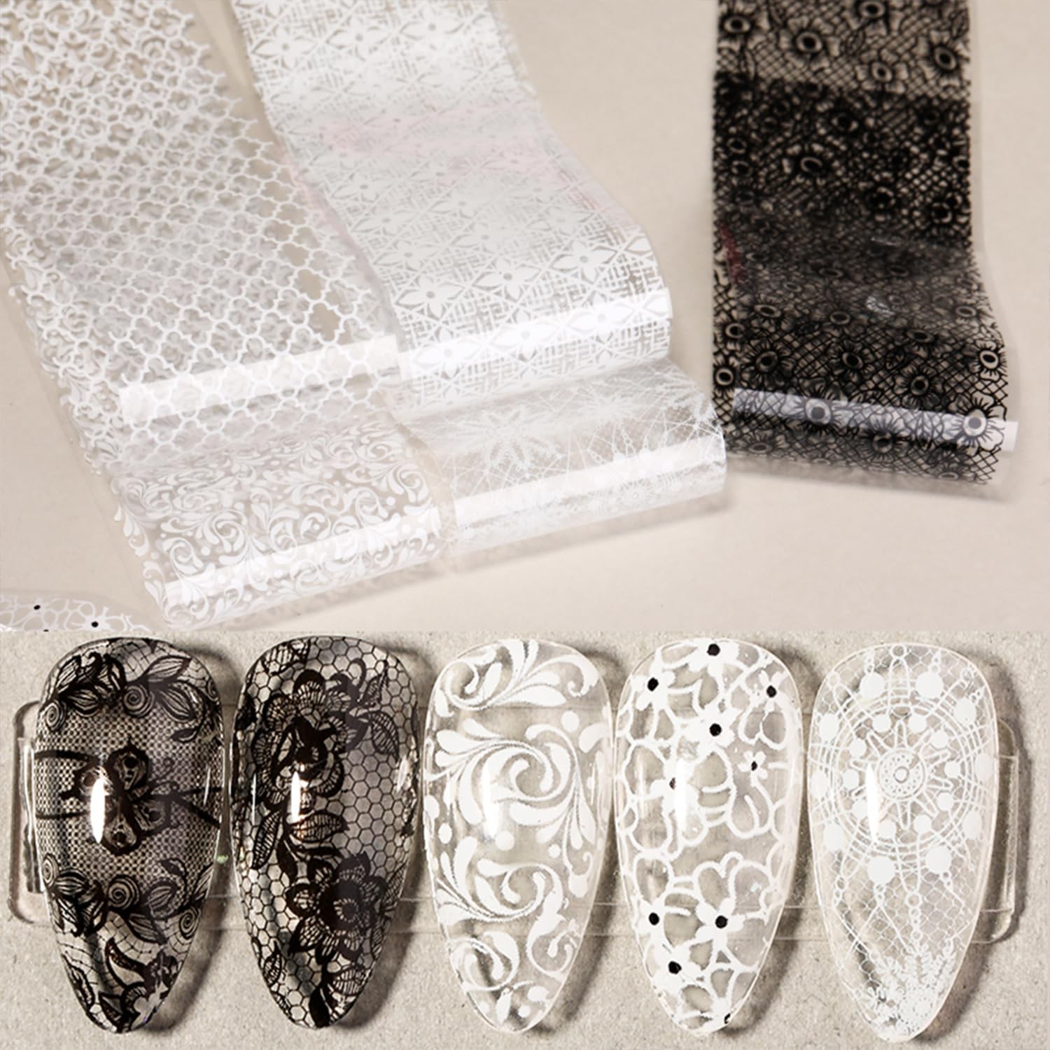 20 Rolls Lace Nail Foil White and Black Nail Transfer Foil Flower Nail Art Fo…