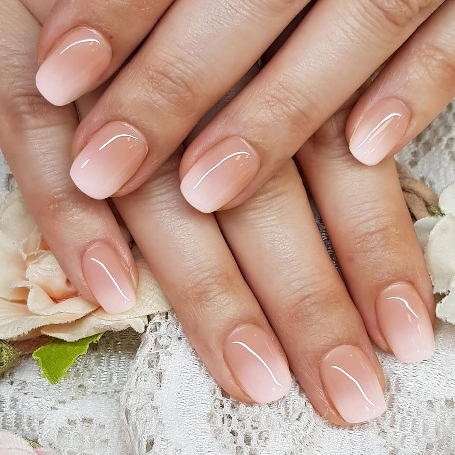 Pink Neutral Ombre Press on Nails Short, Crush Fake Nails Square | 32 Pcs Glossy