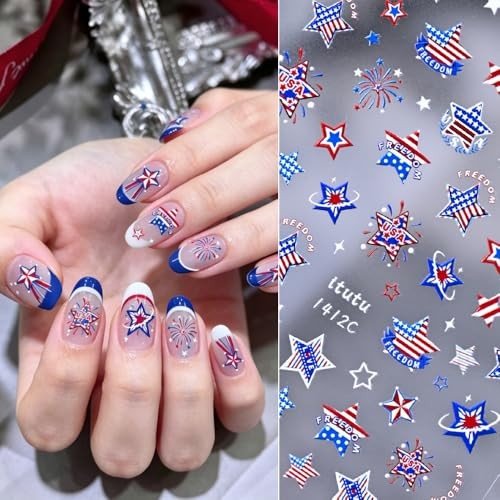 4th of July Nail Stickers 5D Embossed Star Decals Red White Blue Pattern27